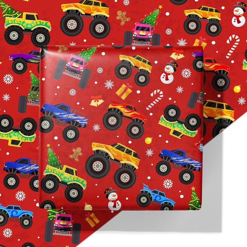 Cuitpan Red Monster Truck Christmas Wrapping Paper - Xmas Gift Wrap with Holiday Trees, Snowmen & Gingerbread Men Design - Ideal for Kids & Adults Gift Wrapping - 40×28 Inches, 4 Folded Sheets - Image 1
